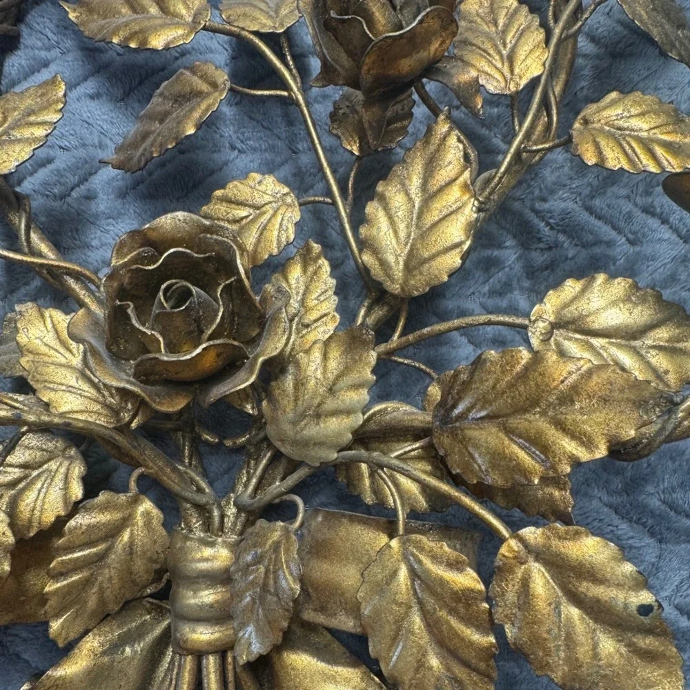 Vintage Gold Gilt Metal Rose Bouquet Wall Sconce Double Candle Holder Florentine